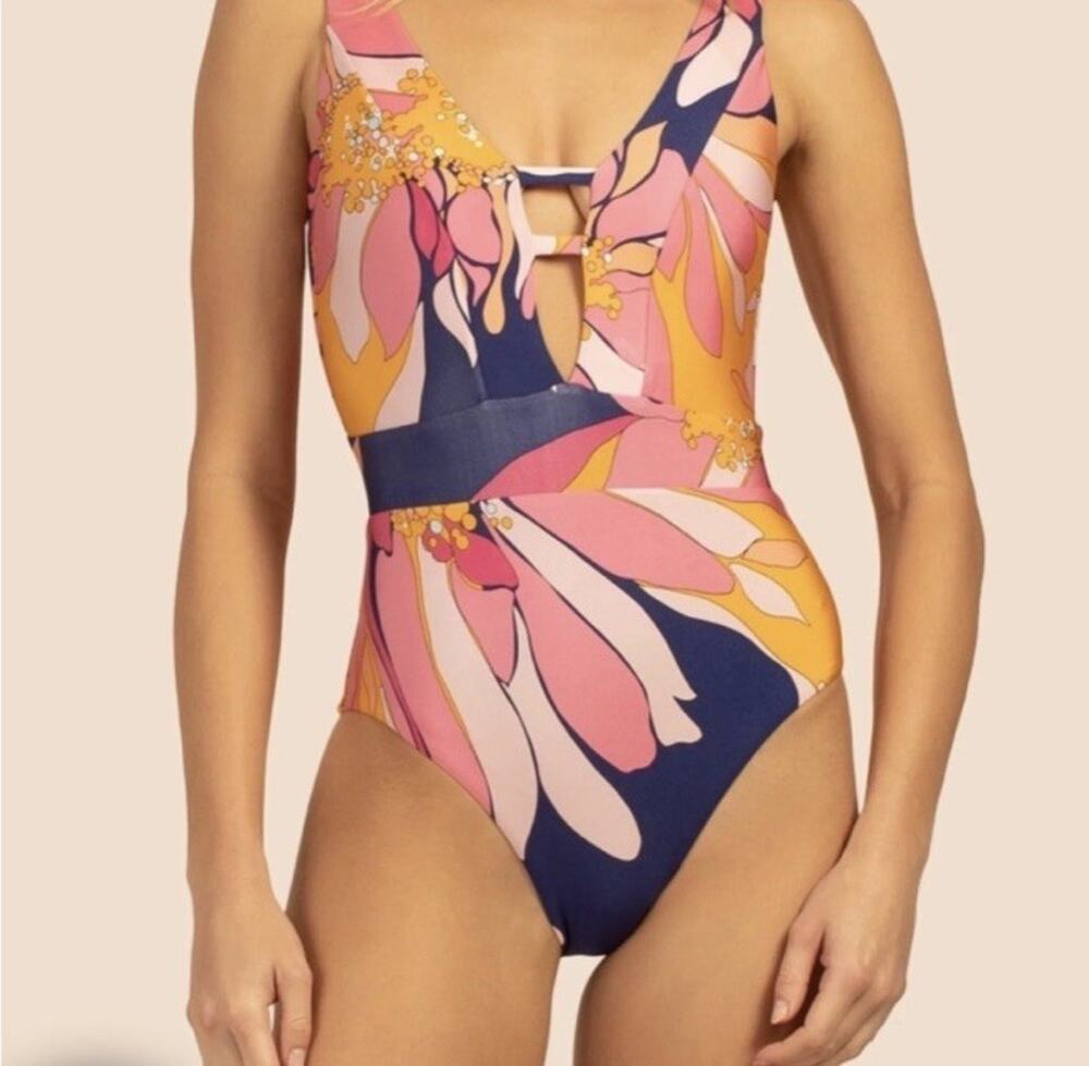 Trina Turk Womens Multi Floral Printed Plunging One-Piece Swimsuit L83101 Size 8